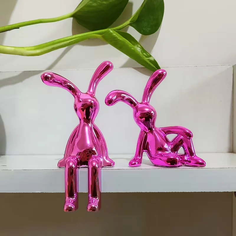 Two-piece Nordic-style silver-plated long-eared rabbit statue as decoration, tabletop craft gift, home decoration, statue.