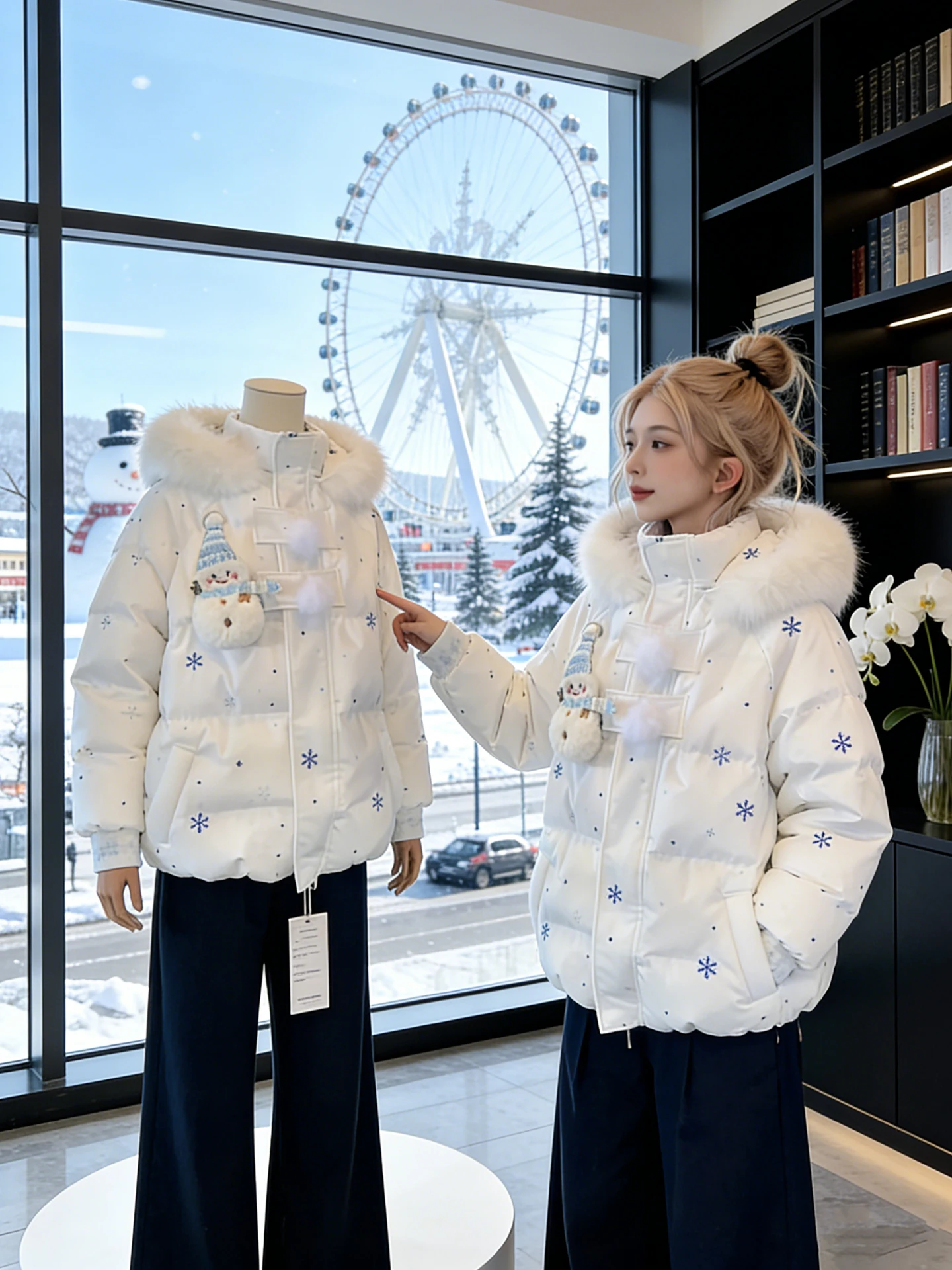 

Корейская утепленная зимняя хлопковая куртка-пуховик для женщин с принтом снежинок, меховым воротником и капюшоном, милая и стильная
