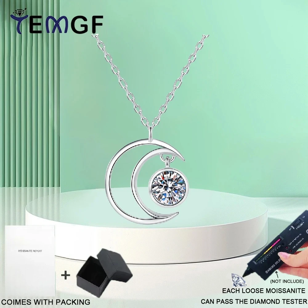 

TEMGF 5mm Moissanite Necklace for Women S925 Sterling Silver Moon Pendant Neck Chain Simple Fine Jewelry Gifts GRA Certification