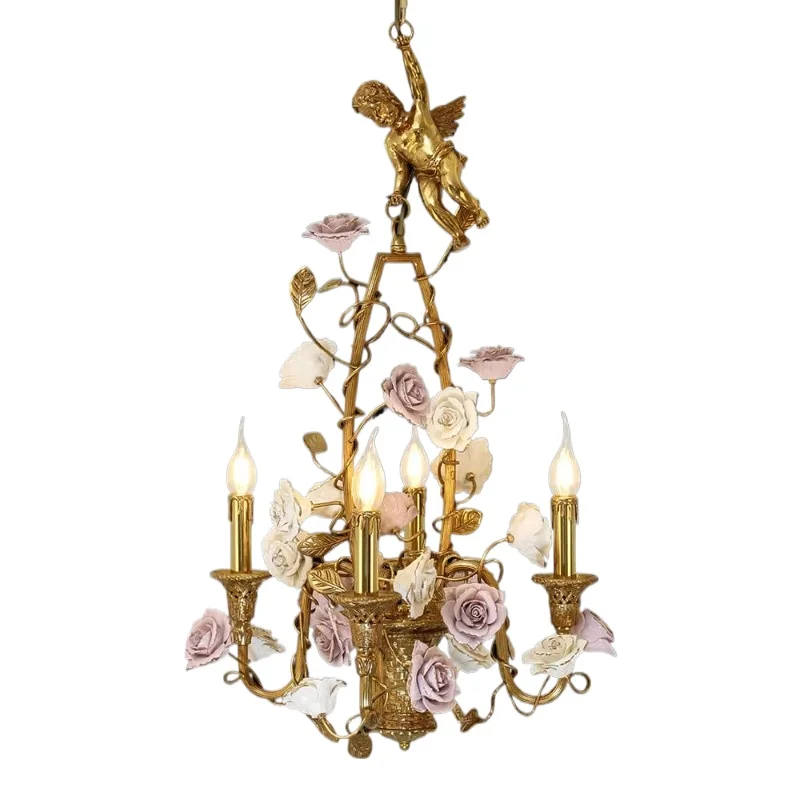 

Классическое украшение угла Ресторан Латунная подвесная люстра Керамическая цветочная люстра для проживания в семье