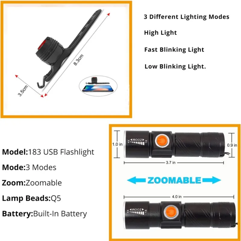 18650 battery 3 in1 8000 Lumen Bike Bicycle Light USB rechargeable LED Waterproof Super Bright Zoom Headlight Rear light MTB