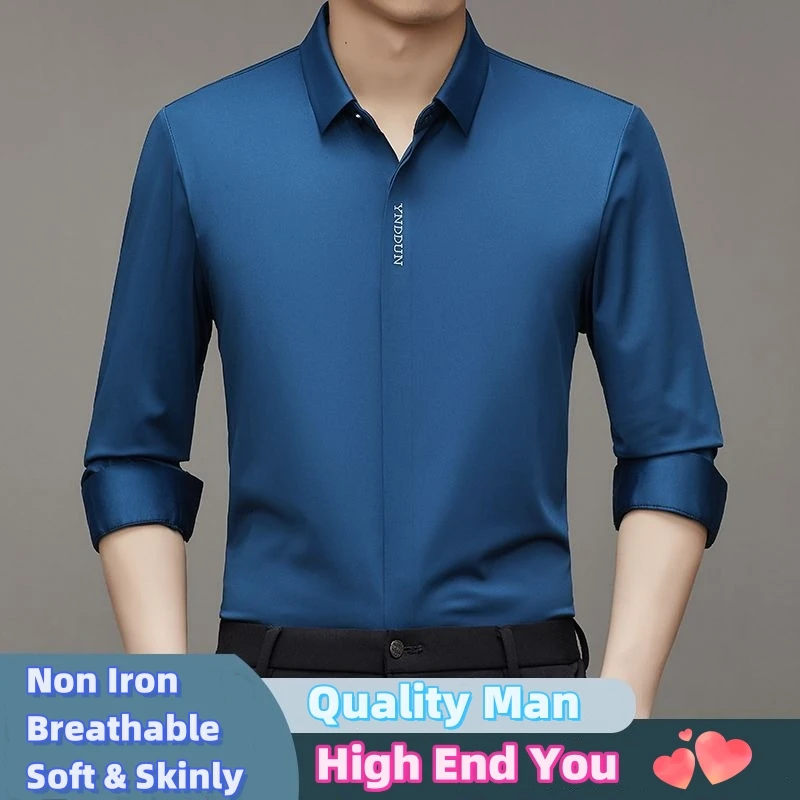 Summer High end Men's White Shirts Wrinkle Resistant Button Invisible Luxurious Elastic Non-iron Tops Long Sleeve Business Shirt