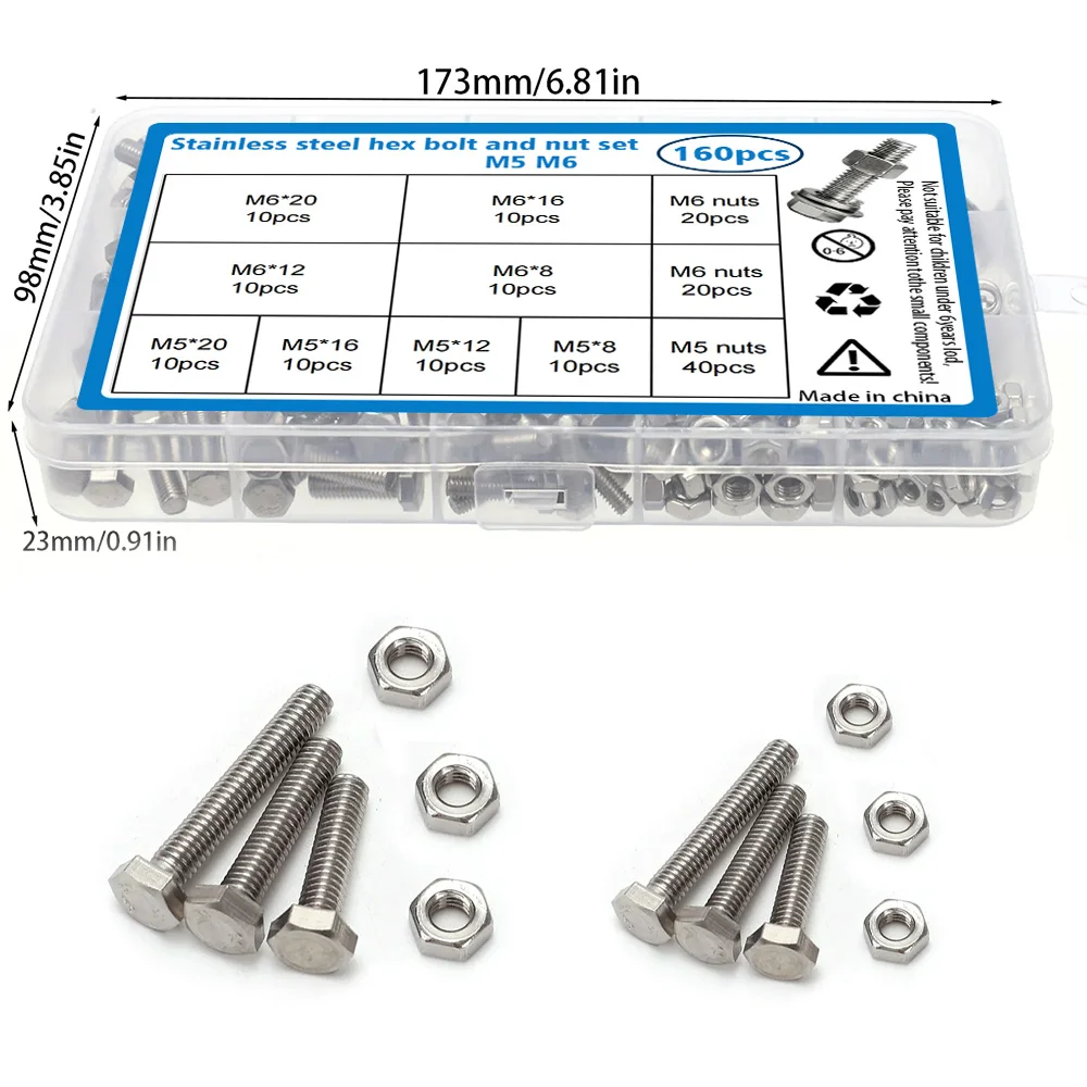 

Набор из 160 шестигранных болтов и гаек из нержавеющей стали, размеры M5 и M6, длиной 8 мм, 12 мм, 16 мм и 20 мм.