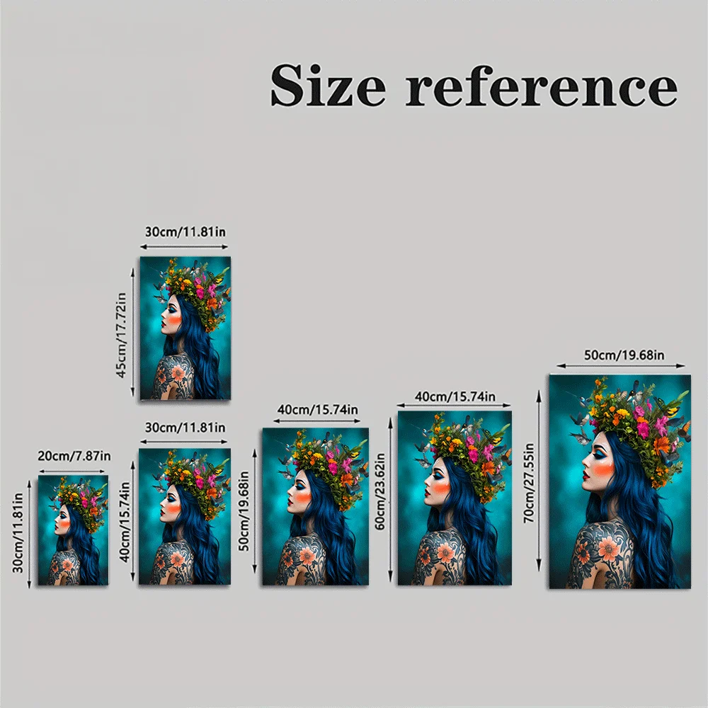 1PC-Unframed Canvas poster wall decoration  Blue Hair Woman Floral Crown Birds Tattoo Art Poster - view 6