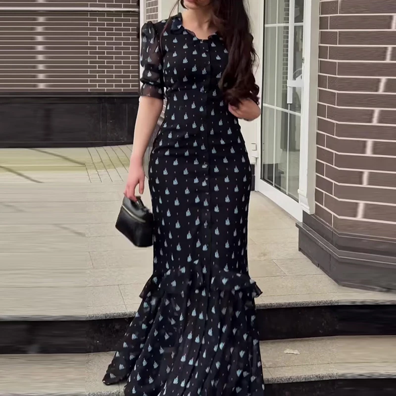 Sommer Damen Neues Hochgeschnittenes Plissiertes Kleid Vintage O-Ausschnitt Bedrucktes Chiffon-Kleid Elegantes Kurzarm-Abendkleid