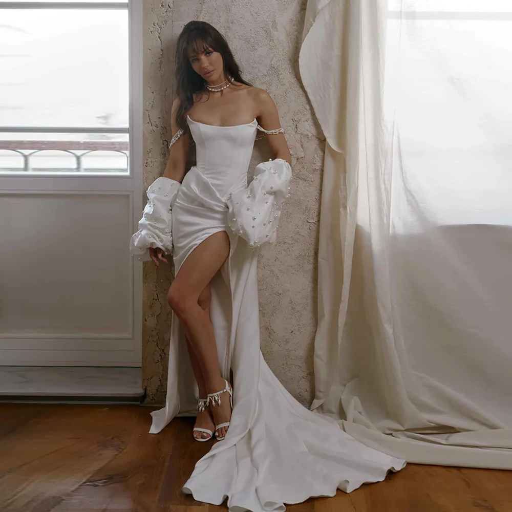 

Customized Detachable Long Satin Wedding Cape With Pearls Puffy Short Sleeves Elegant Bridal Jacket Fashion Women Coat TSWD741