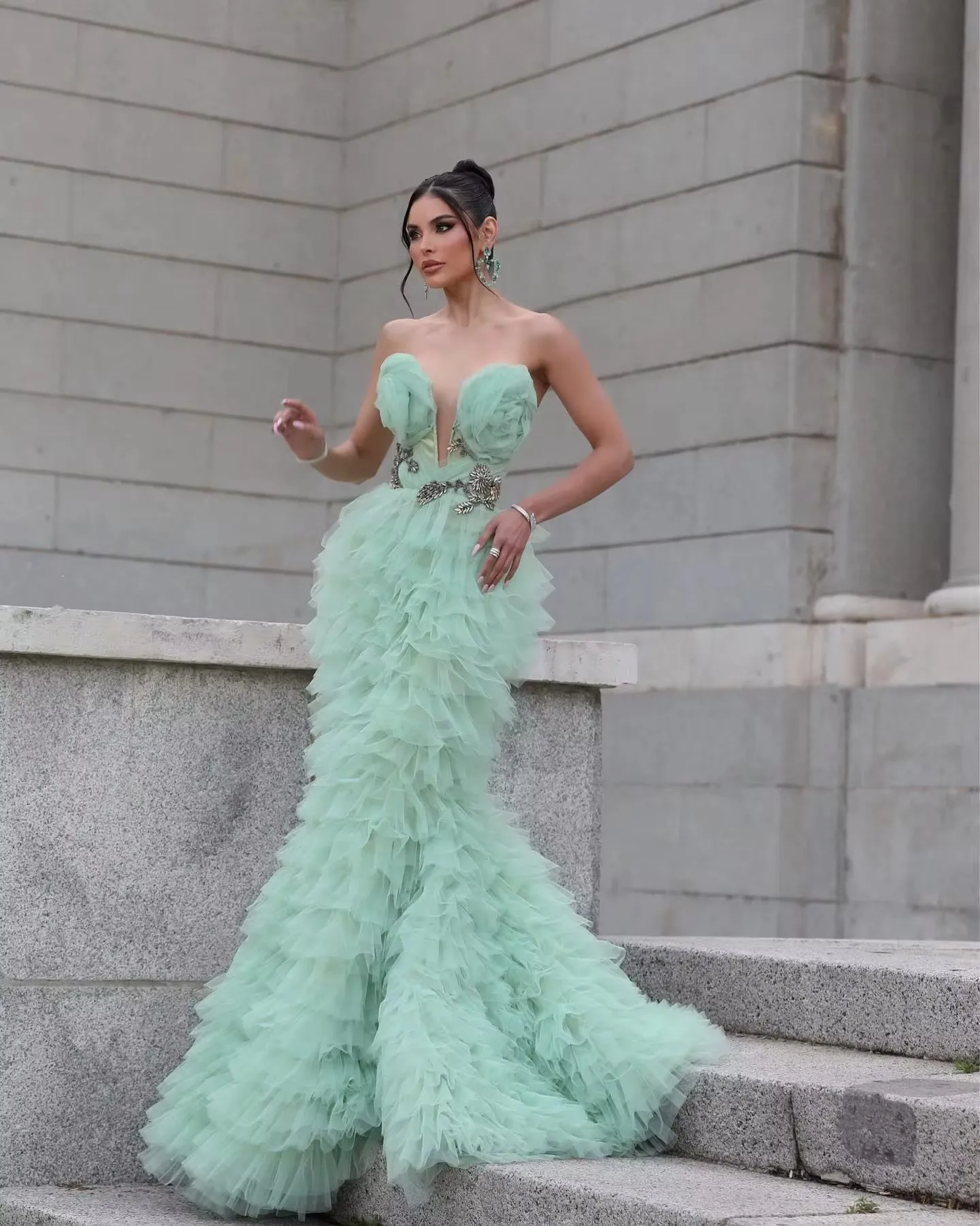 Romantic Mint Green Ruffles Mermaid Prom Dresses 2025 New Celebrity Dress Tiered Tulle Women Wedding Party Gown Birthday Dress