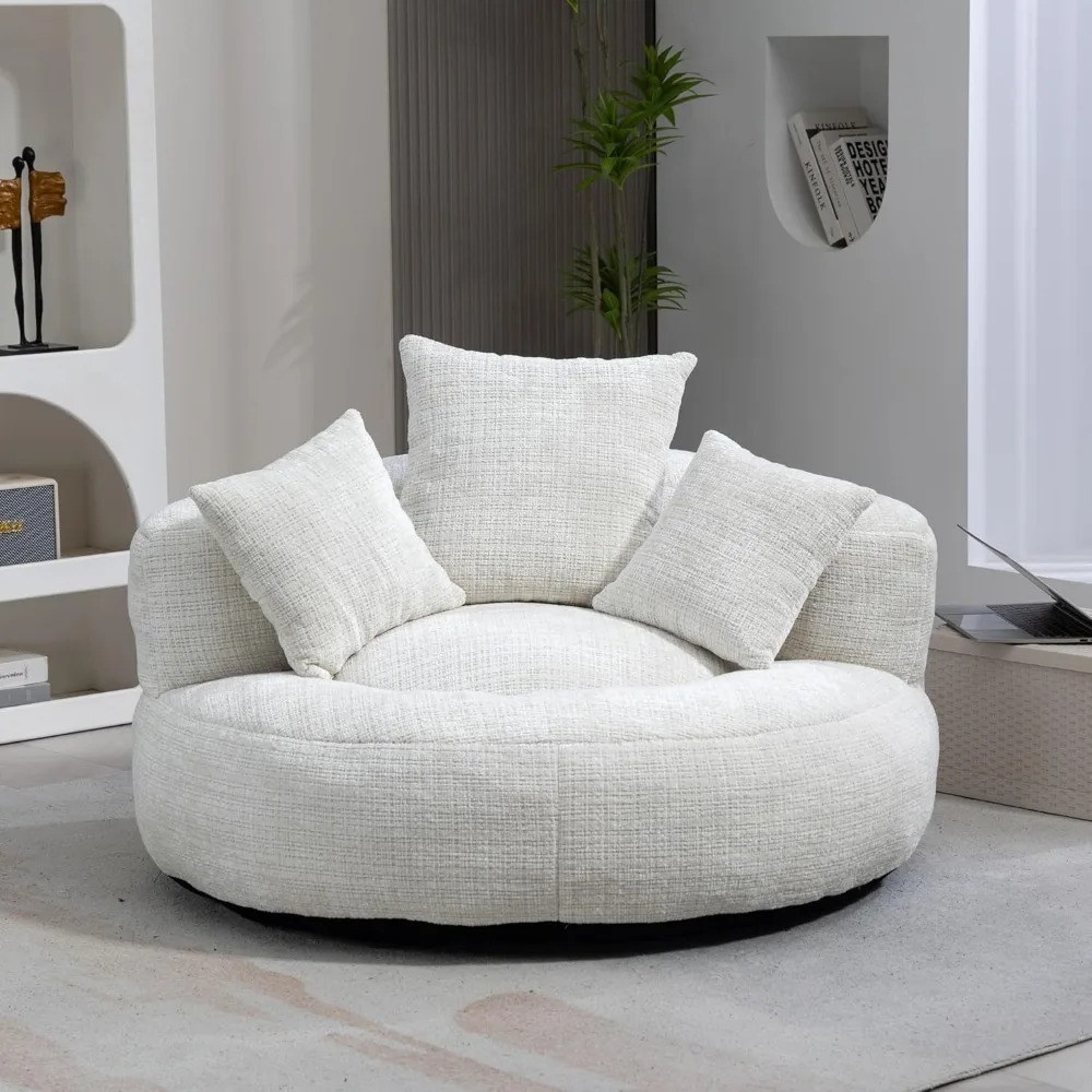 Oversized Comfortable Round Bean Bag Sofa with 3 Pillows, Chenille-Covered Barrel Sleeper Bed, Suitable for Indoor and Outdoor U