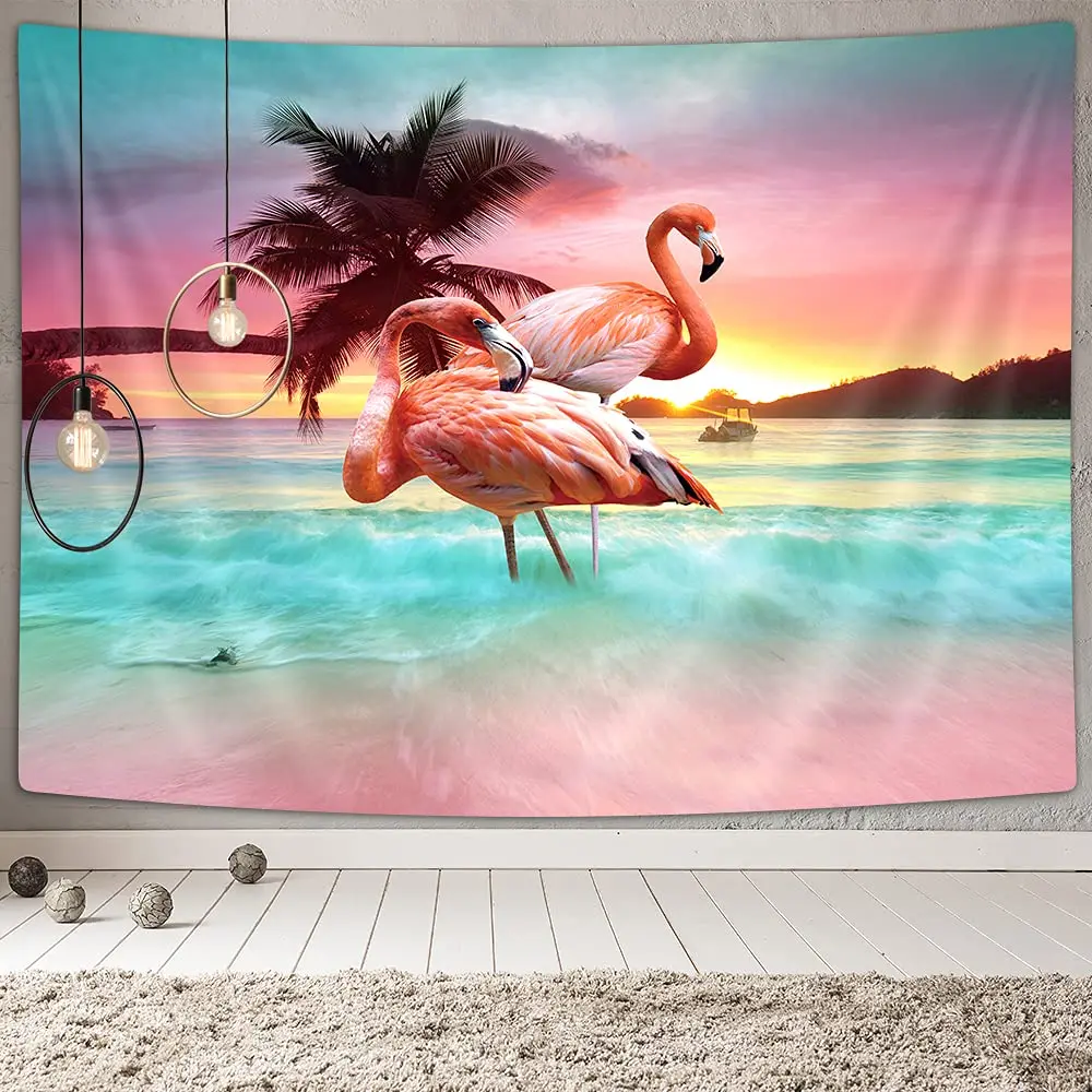 

Flamingo Tropical Beach Tapestry Hippie Flamingo in Beach Seaside Tapestries Wall Hanging Art for Bedroom Living Room Dorm Home