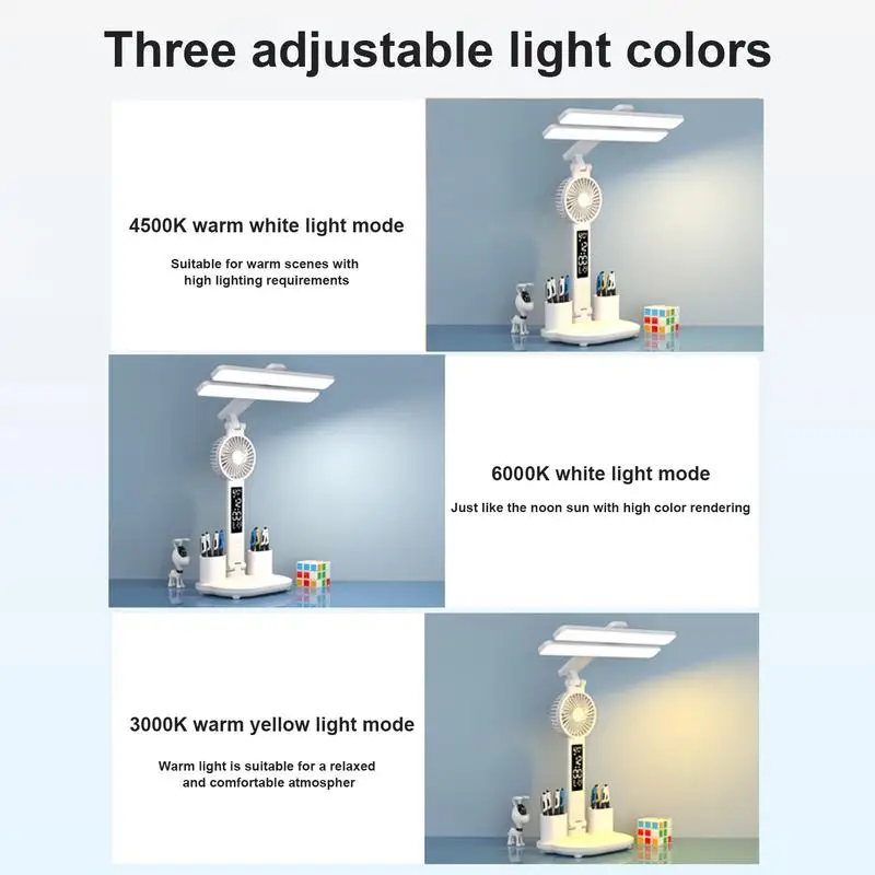 Led Desk Lamp 3 Lighting Modes Dimmable Touch Control Light Multifunctional Night Light With Clock Date Fan Pen Holder