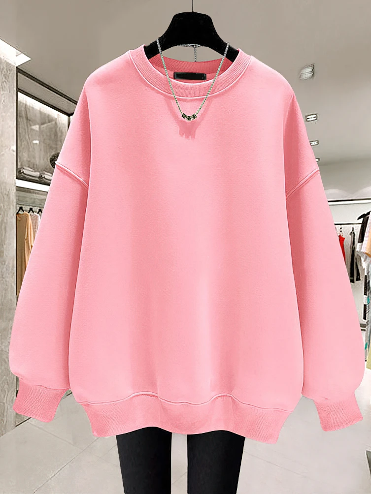 Oversize Solid Color Casual Crew Neck Sweatshirt Women Thicken Fleece Long Sleeve Autumn Winter Top Female Pullovers Lady Sport