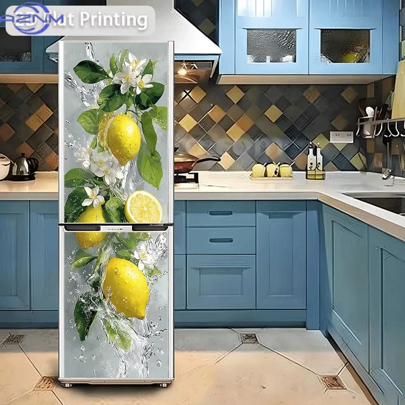 2D Flat Printing 1pc Refrigerator Sticker 60×180cm, Fresh Lemon Shower Water Floral Branch Design, Self-Adhesive Wall Decal Wa