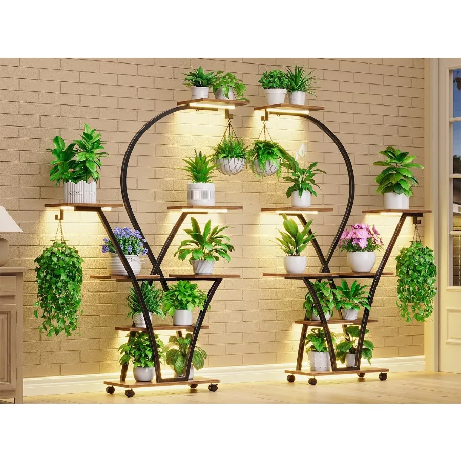 حامل نباتات داخلي طويل القامة 64 بوصة مع ضوء النمو، عبوة من 2 رف نباتات زاوية مكون من 7 طبقات يتميز بعجلات وحوامل نباتات منحنية fo #1