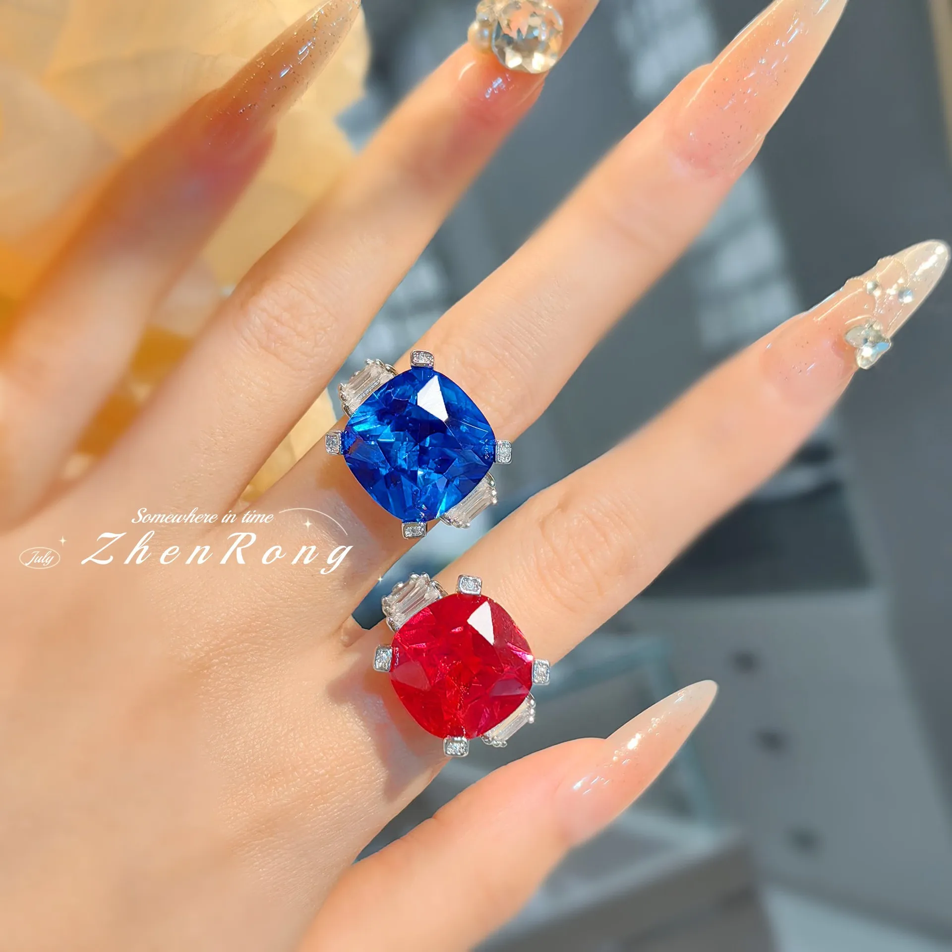 

Foydjew Fashion Luxury Artificial Ruby Blue Cobalt Spinel/Red Corundum Cubic Zirconia Rings Elegant Women's Ring