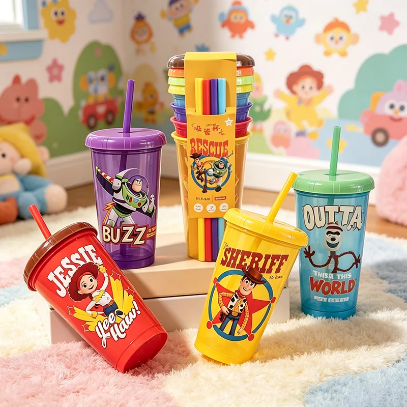 4Pcs Toy Story Straw Cup Cartoon Woody Buzz Lightyear Plastic Straw Water Cup Set Lidded Drinking Cups Party Tableware Gifts