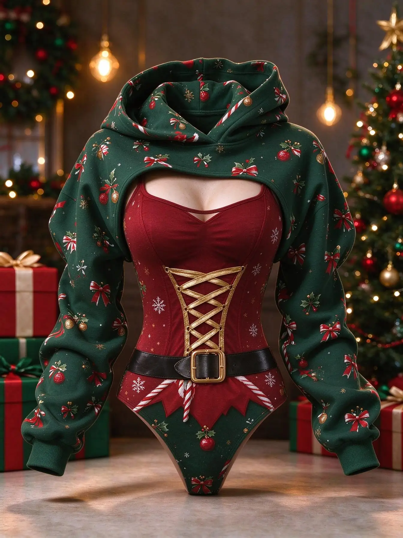 Women Christmas Holly Candy Cane Print 2Pcs Outfit, Long Sleeve Hooded Shrug & Lace Up Cami Bodysuit Set