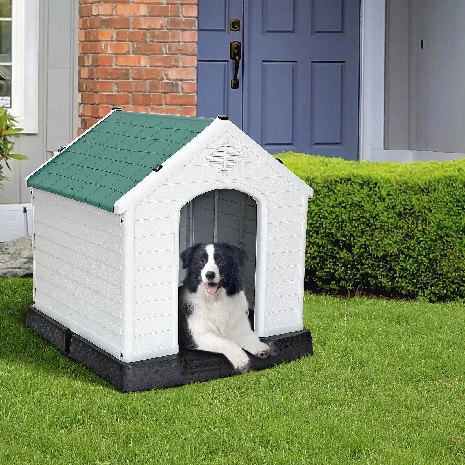 

ZENSTYLE Sturdy White Plastic Dog House Perfect for Indoor Outdoor, Green Roof