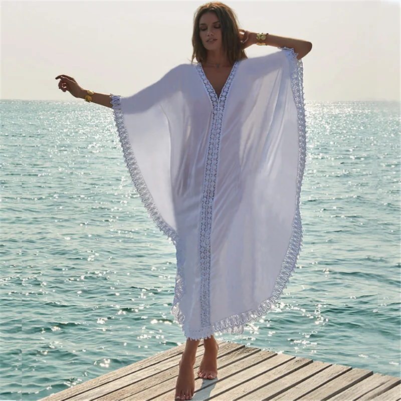 Sexy Plus Size Cotton Lace Trim Beach Cover Up Bathing Suit Coveralls Holiday Sun Protection Sheer Kimono for Women
