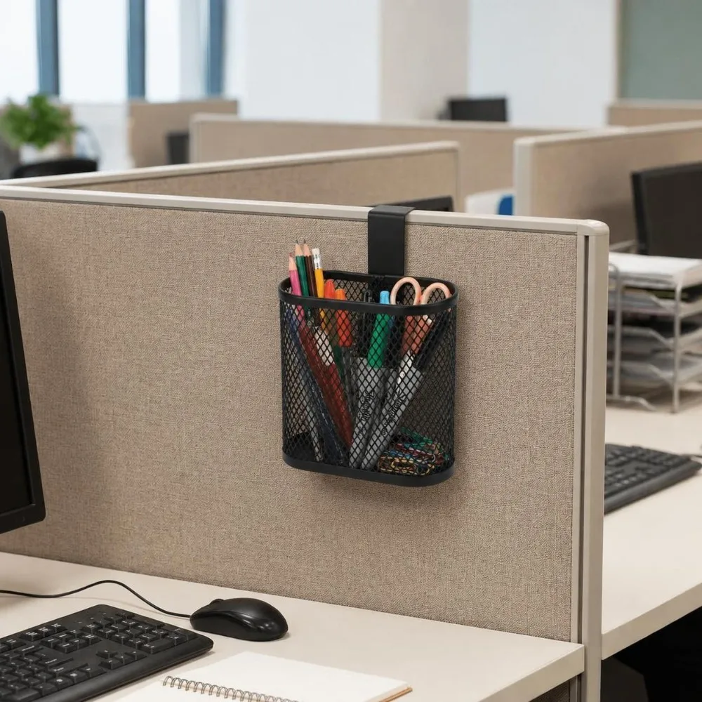 Metal Wall Mount Pen Holder Hook On Style Oval Shape Desk Side Pen Organizer Hollow Out Grid Structure Whiteboard Storage Holder