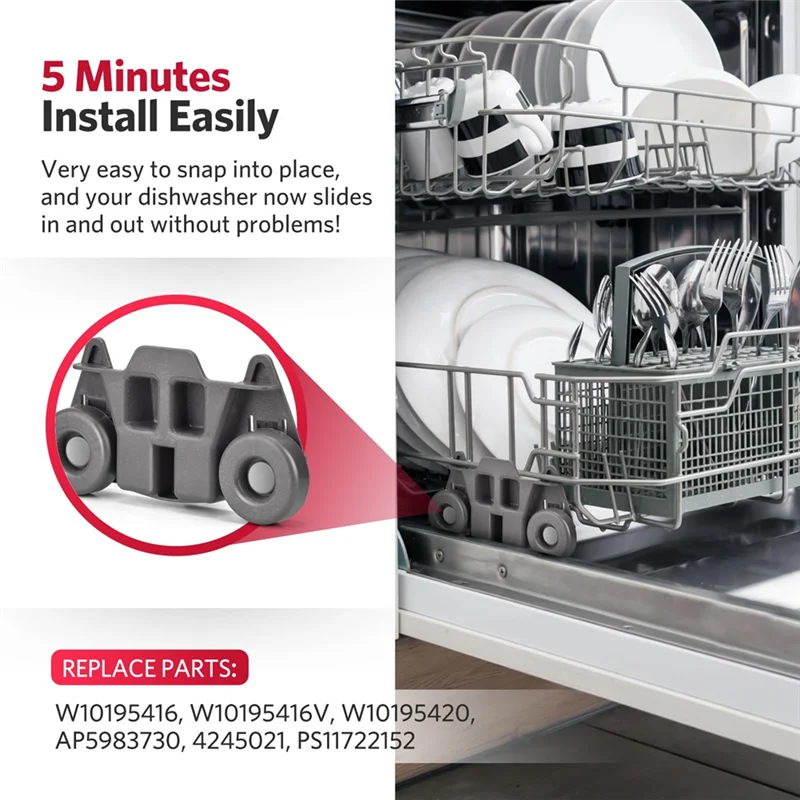 TAIGH-4PCS W10195416 Dishwasher Wheels Lower Rack For Kitchenaid Whirlpool Maytag Kenmore Dish Rack Parts Accessories view 3