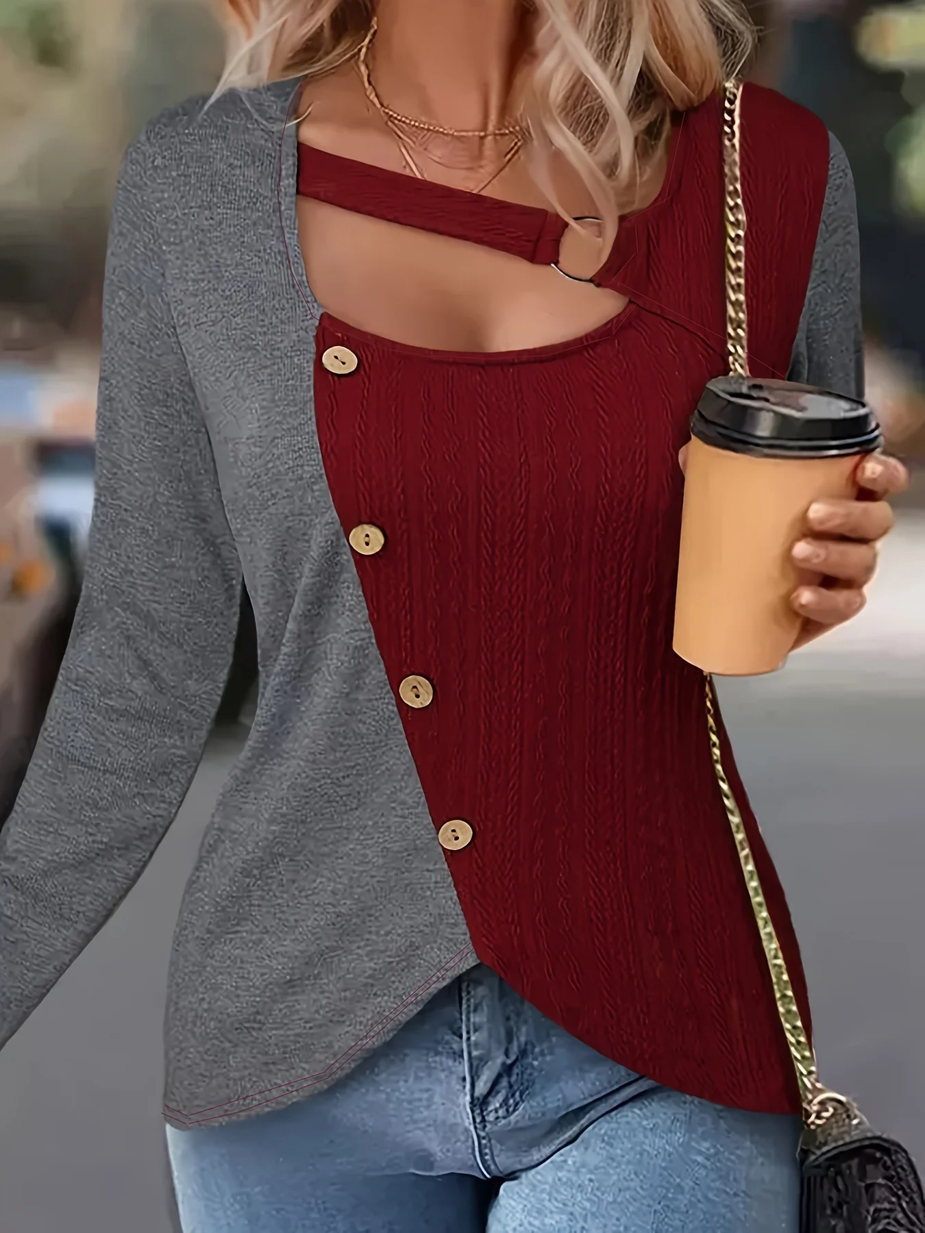 Plus Size Color Block Button Decor T-Shirt, Casual Cut Out Long Sleeve Top For Spring & Fall, Women's Plus Size Clothing