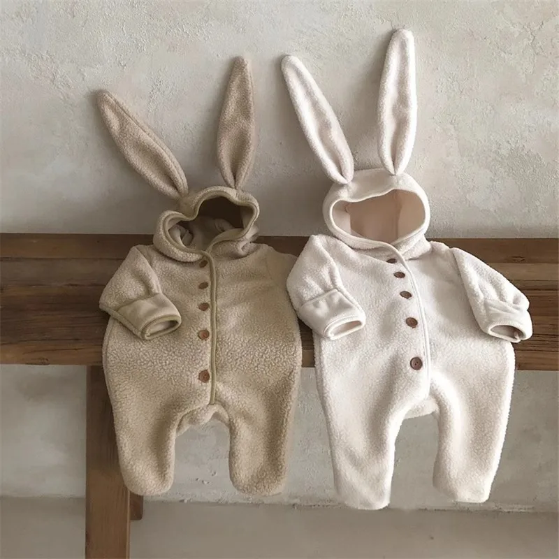 Autumn Winter Girl Baby Fleece Cute Rabbit Ears Cardigan Romper Boy Infant Solid Plus Velvet Warm One-piece Kid Casual Jumpsuit