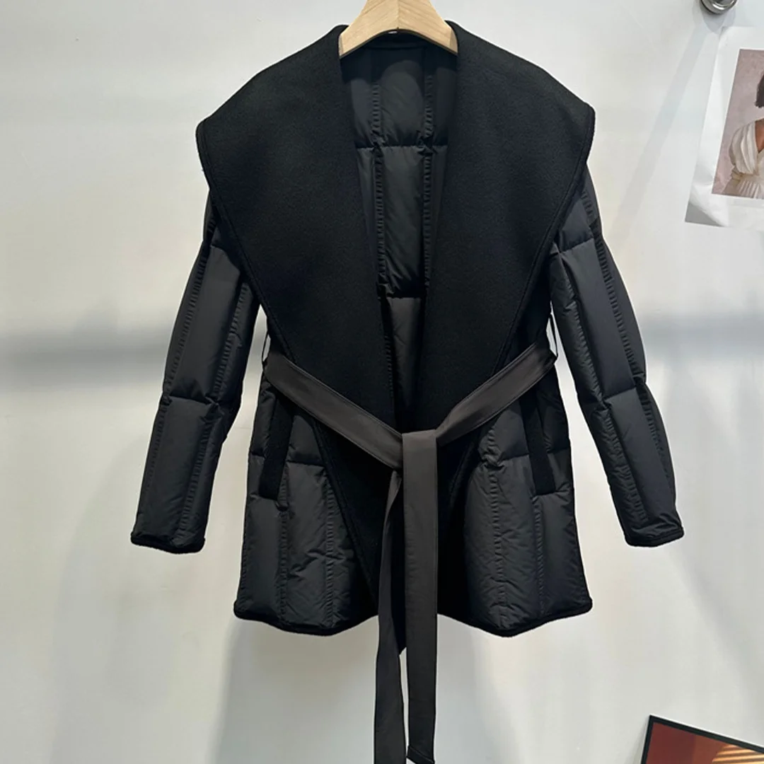 両面カシミヤコートとホワイトグースダウンジャケット、ウエストを強調するタイフロントダウンジャケット（女性用）