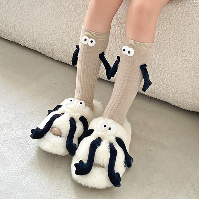 1 Pair Fashion Kids Paired Funny Cute Doll White Socks Woman Kawaii Medium Tube Hose Magnetic Socks With Hands Black White Color