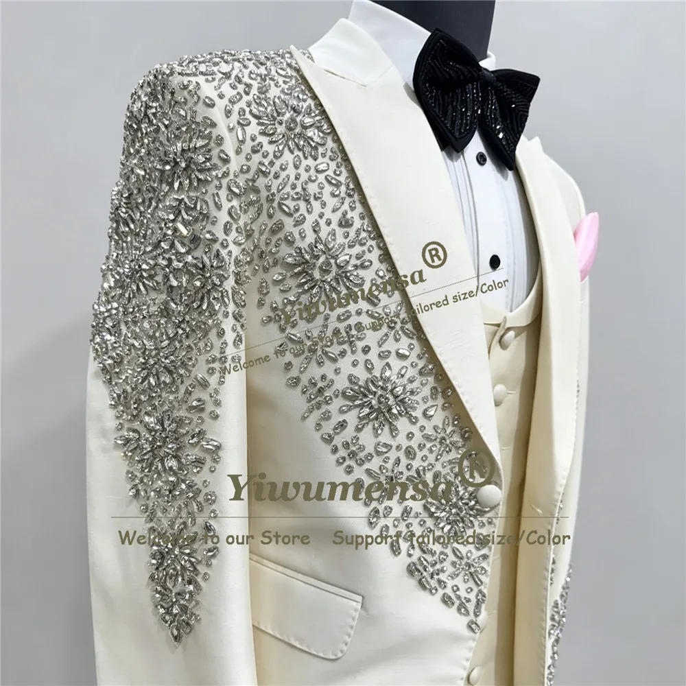 Sparkly Beaded Stones Wedding Suits For Man Single Breasted Jacket Vest Pants 3 Piece Sets Groom Dinner Party Tuxedo Attire 2026