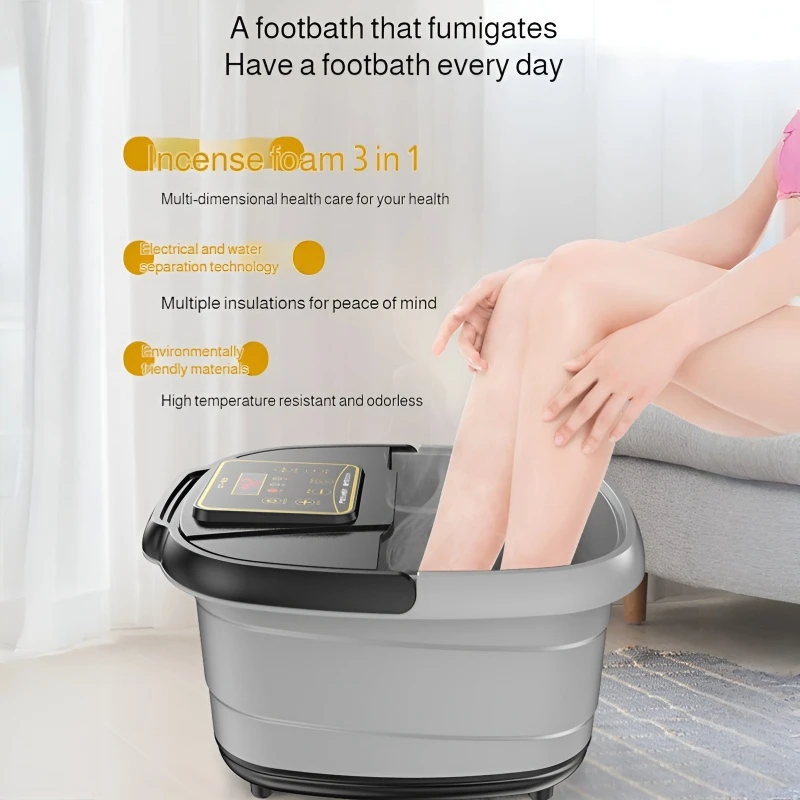 حمام القدم المنزلي الأوتوماتيكي بالكامل، حمام القدم، حمام القدم القابل للطي، دلو تدليك، وسادة الركبة، درجة حرارة ثابتة بالكامل، تسخين القدم