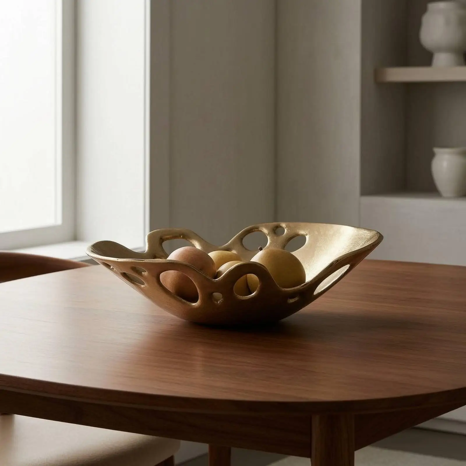 Sculptural Fruit Bowl Gold-Toned Bowl with Cutouts Openwork for Tabletop, Entryway, Dining Table