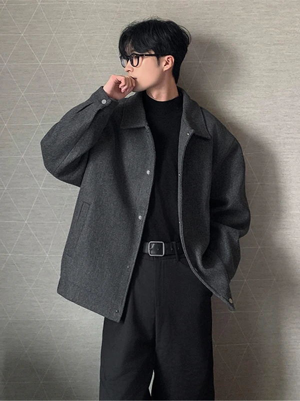Double Layer Woolen Jacket for Men Trendy Korean Style Handsome Turn-down Collar Coat Outerwear Youth Popular Polyester Fiber