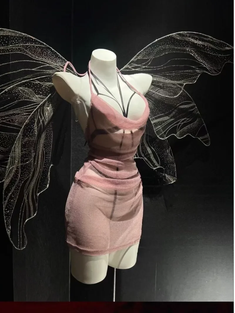 

Hanging Neck Backless Deep V Suspenders Sleeveless Dress Transparent Sexy Mesh Dress Charming Elegant Pure Desire Beautiful SOUE