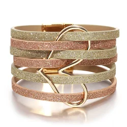 ALLYES Trendy Big Love Heart Wrap Leather Bracelet for Women Boho Glossy Sequin Multilayer Chunky Wide Bracelets Jewelry Gifts