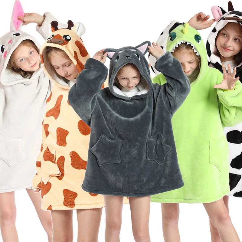 Animal Hooded Oversized Hoodies for Children Outfits Boys Girls Flannel Warm TV Blankets Kids Rabbit Cow Giraffe Clothes Tops