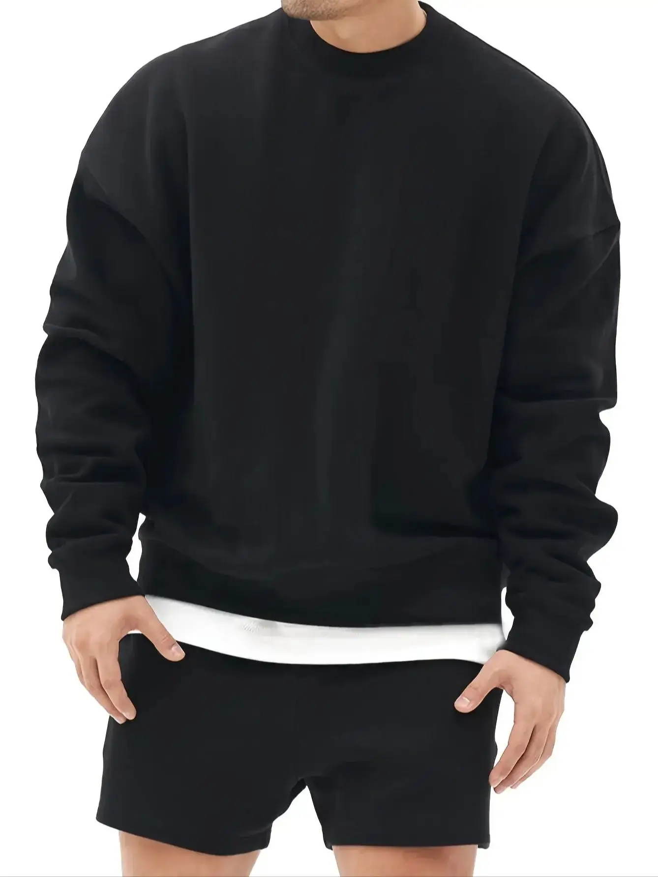 Black round Neck Sweatshirt Men's Casual Fashion Solid Color Sporty Loose Fit Spring Autumn Wear for Teenagers And Adults