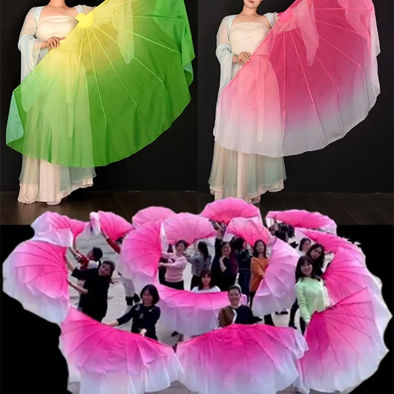 Soft Chiffon Big Fan Veil Opening Dance Props Fishbone Foldable Handle Dancing Fan Chinese Folk Worship 85cm Adults Customized