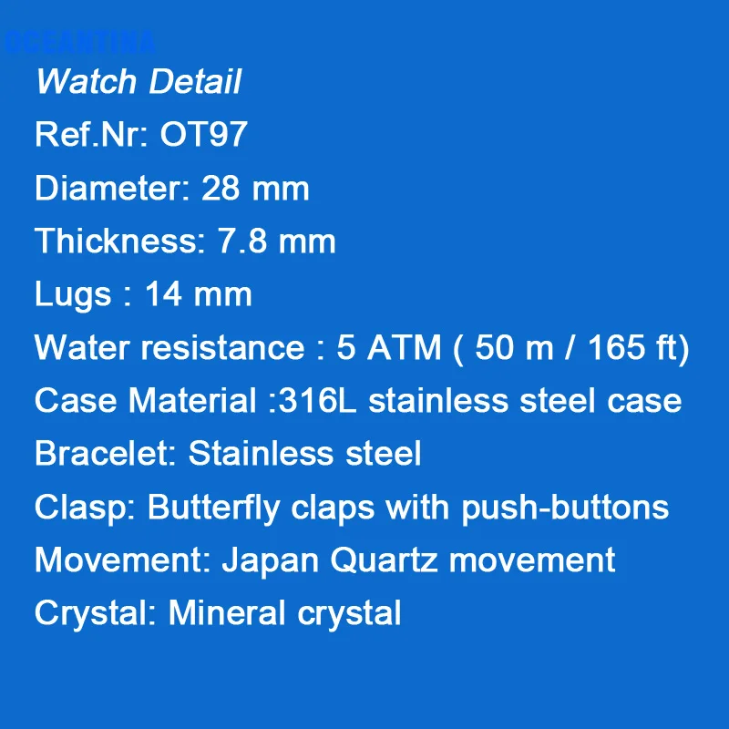 Oceantina Qaurtz Wristwatches Luxury Brand Women's Watches Godinniki Date Window Water Resistant 5 Links Bracelet OT97
