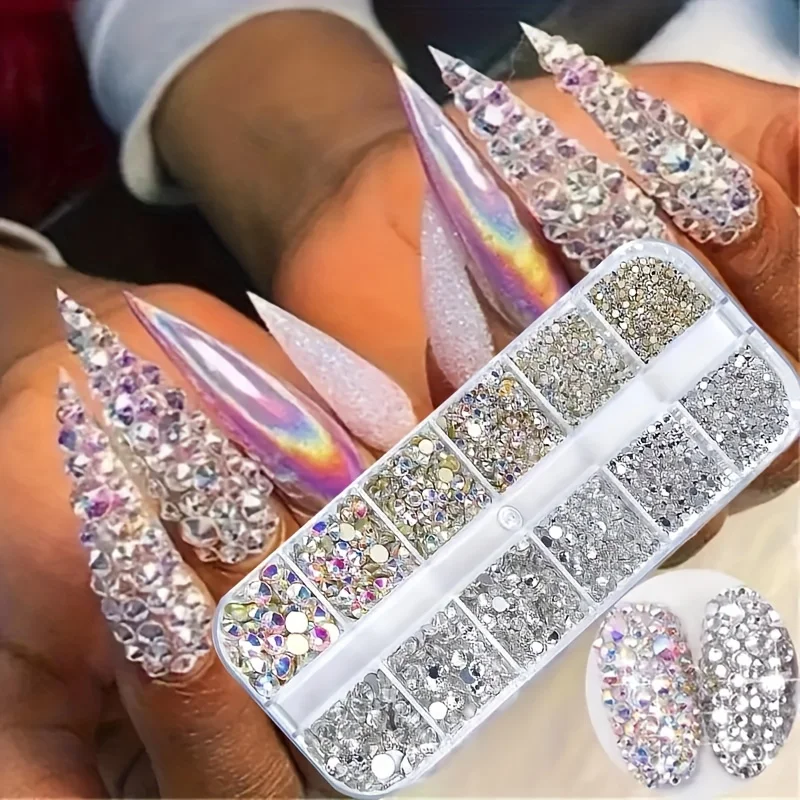 Nail Art Rhinestone Caixa com Organizador De Armazenamento para Decorações de Unhas, AB Cristal Flatback Beads, Pérola Jóias Gemas, 12 Grades