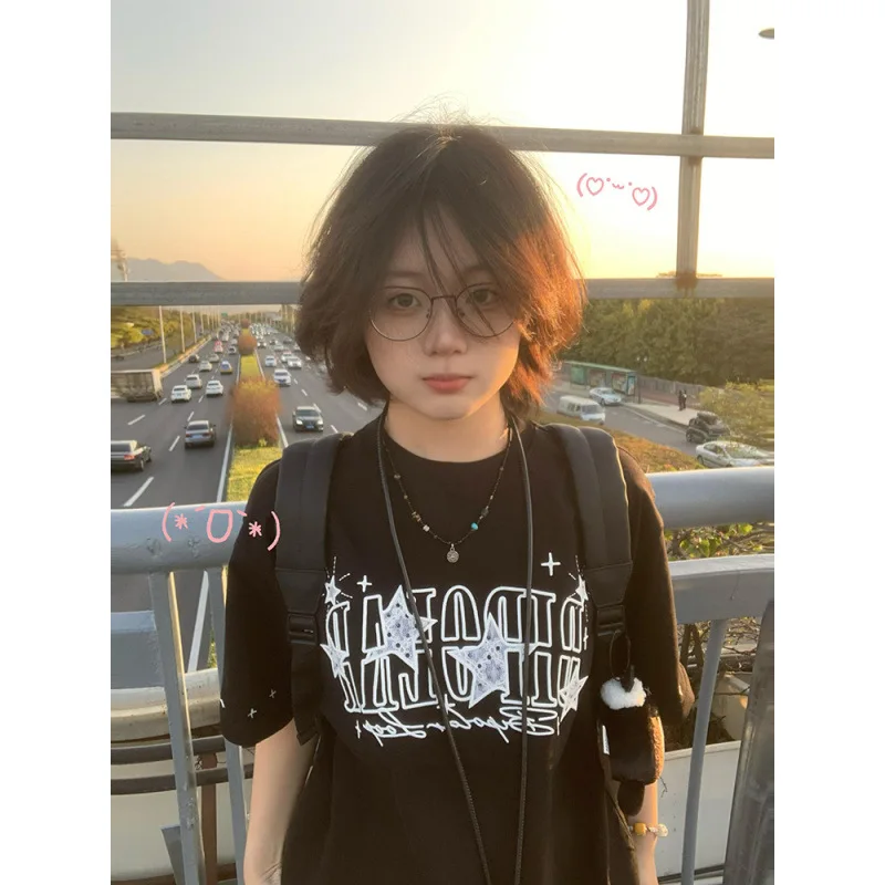 Women's Letter Print Summer T-Shirt, Star Print Tees Female, Casual Style 2025,short sleeve Tops Woman