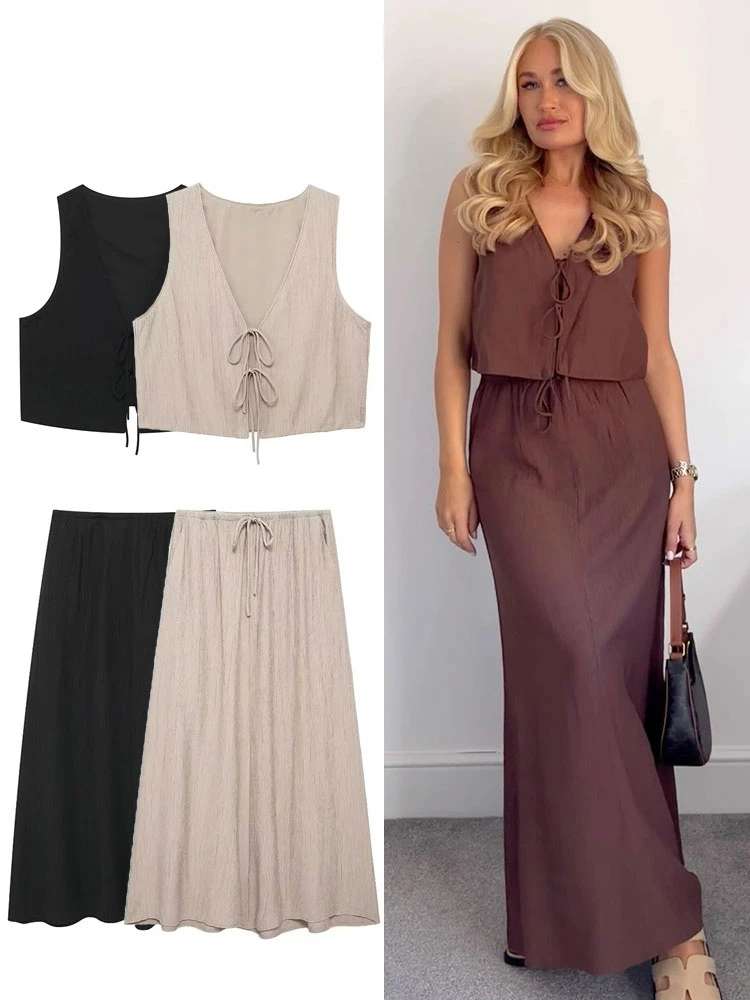 Women Fashion Vintage Solid Skirt Suit Bow Lace-up Tank Tops V Neck Cests Drawstring Midi Skirts Casual High Street Sets
