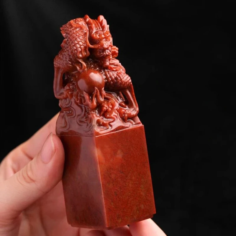 

Customized Name Stamps with Dragon Playing with Pearl Design Natural Shoushan Stone Personal Carving Seals Calligraphy Art Tool