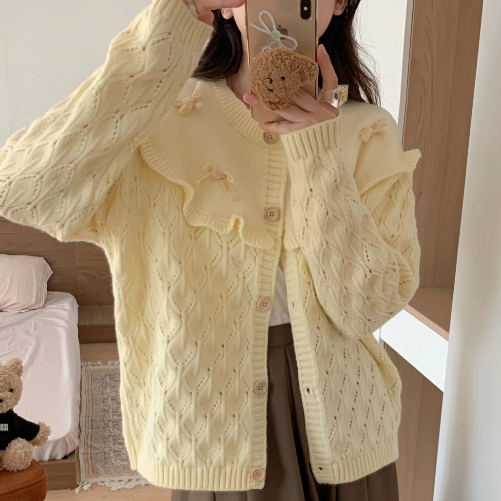 Bow Wooden Ear Edge Solid Color Cardigan Coat 2023 Autumn Winter O-Neck Knitted Coat Women Single Breasted Casual Sweater Coat