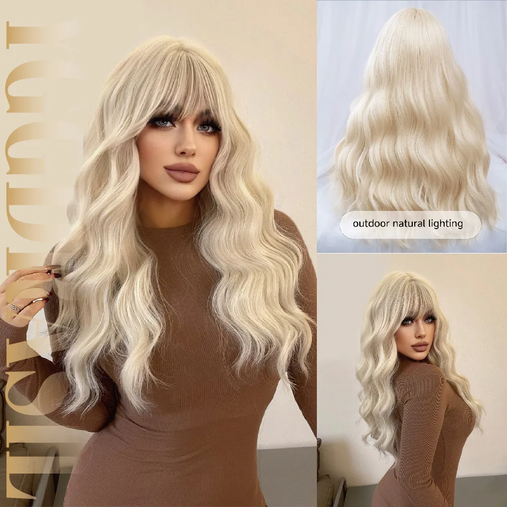 24Inch Vintage Style Blonde Synthetic Wigs With Bangs Medium Natural Wavy Hair Wig For Women Daily Use Cosplay Heat Resistant