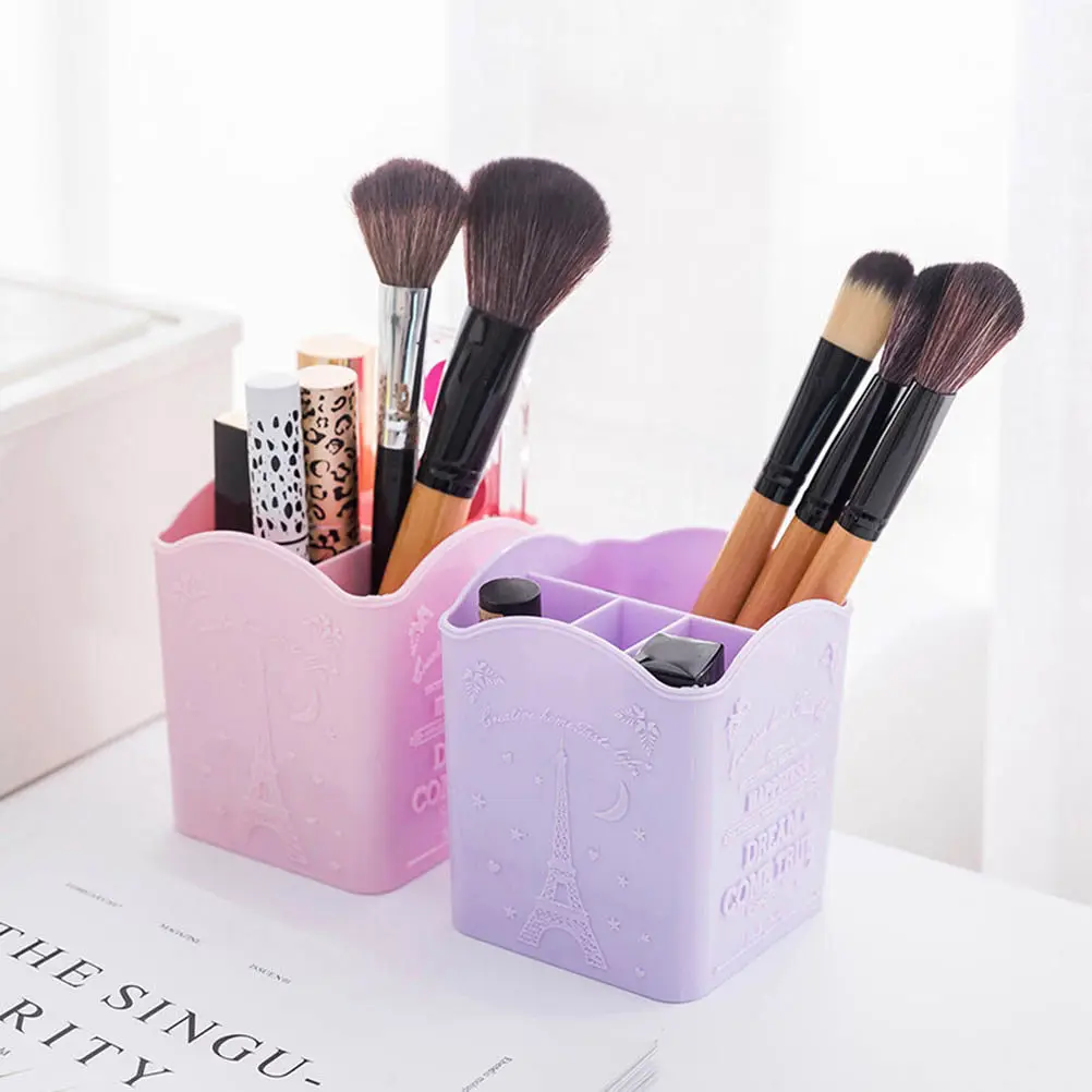Desktop Pen Holder Organizer Four Compartment Storage Box for Stationery Nail Art Brushes Pink