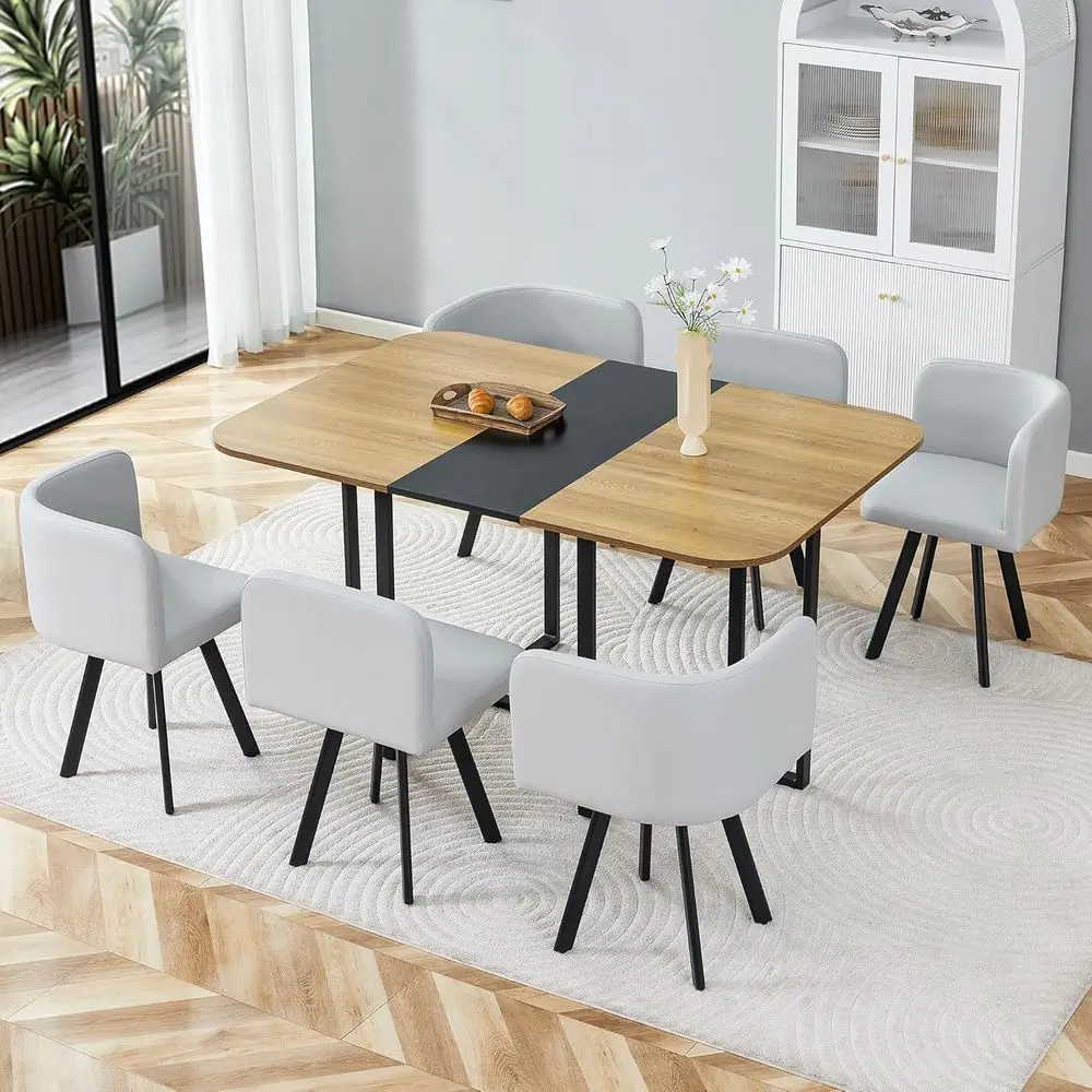 

Space-Saving 59 Wooden 6-Seat Dining Set with Black Table and Light Gray PU Leather Chairs for Small Spaces