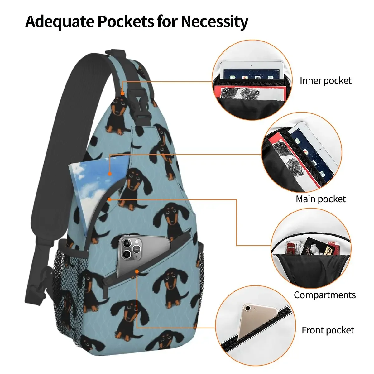 Longhaired Dachshund Puppy Dog Sling Bags Chest Crossbody Shoulder Backpack Travel Hiking Daypacks Animal Fashion Satchel