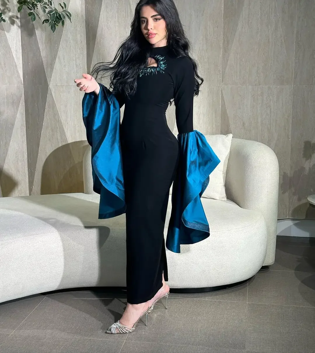 

Customized Black O Neck Evening Dresses Mermaid Long Sleeves Party Dresses Pleated Beadings Ankle Length Dresses for Special Occ