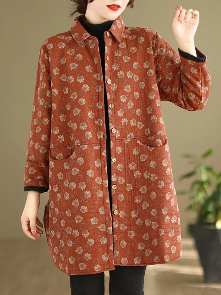 

Утепленное хлопковое пальто средней длины с цветочным принтом для женщин, осенне-зимнее, больших размеров, свободного кроя, теплое, винтажное, с воротником