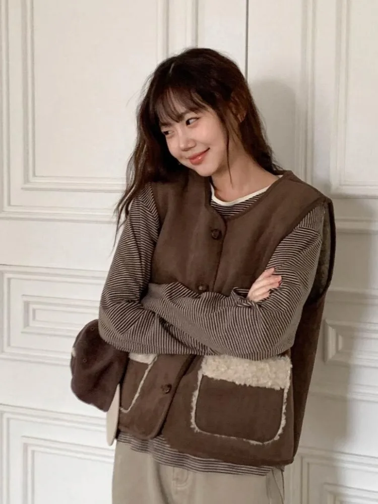 Gilet coréen d'hiver pour femmes, doux et jeune, en fourrure d'agneau, superposition intercée, polyvalent, longueur ort, boutonné